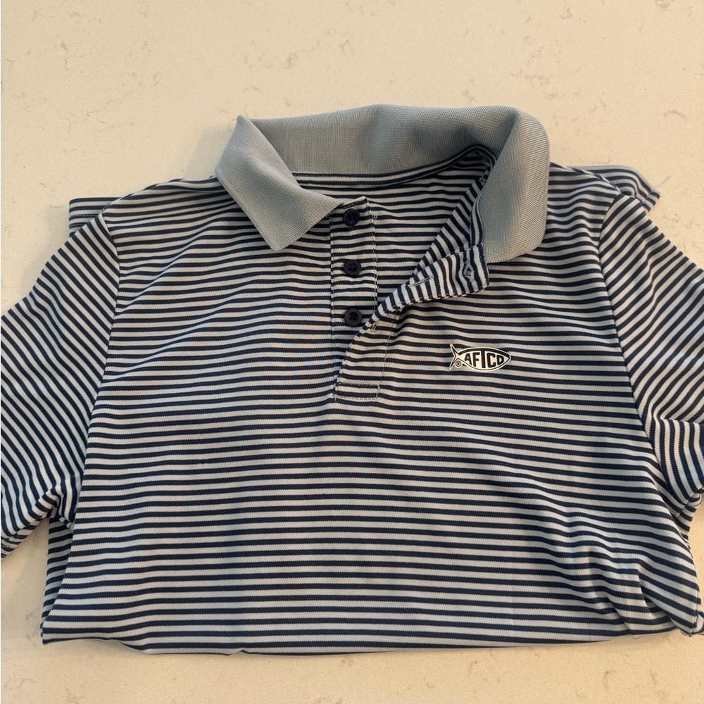 AFTCO Blue and White Polo Shirt Classic Striped Design